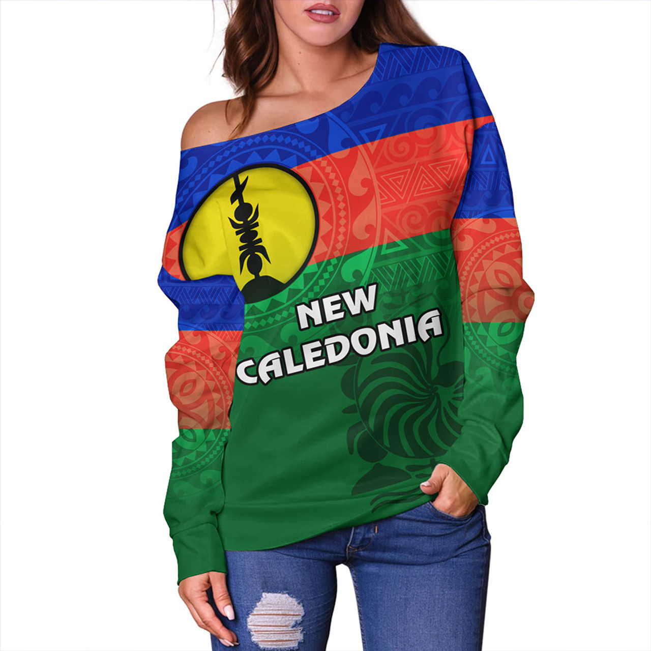 New Caledonia Off Shoulder Sweatshirt Flag Color With Traditional Patterns