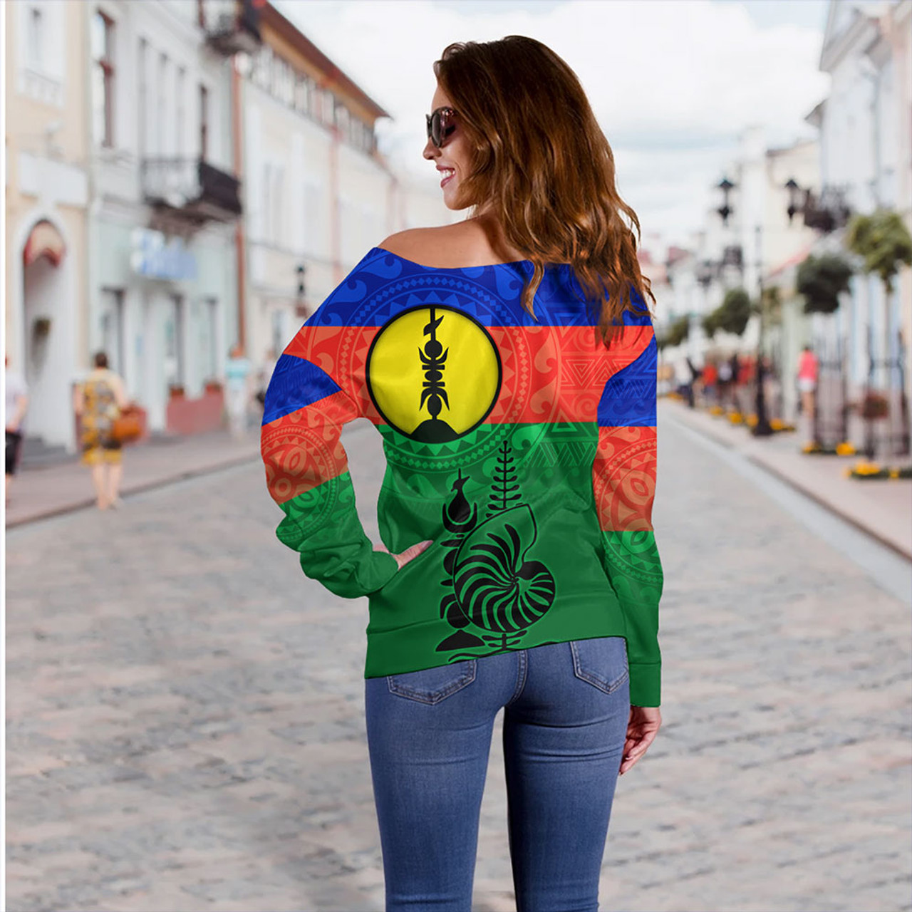 New Caledonia Off Shoulder Sweatshirt Flag Color With Traditional Patterns