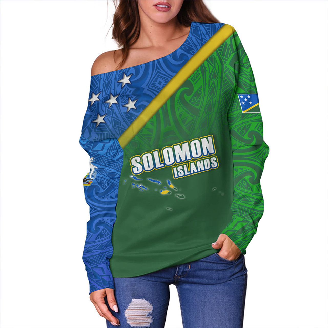 Solomon Islands Off Shoulder Sweatshirt Flag Color With Traditional Patterns