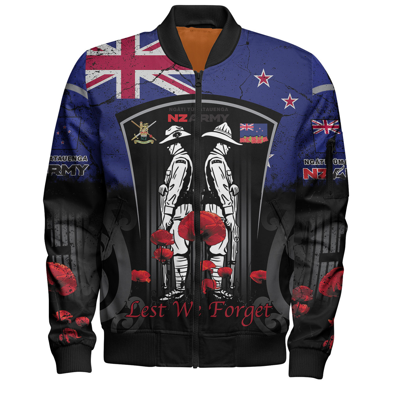 New Zealand Bomber Jacket Custom New Zealand Anzac Day With Poppy Flowers And Traditional Maori Patterns