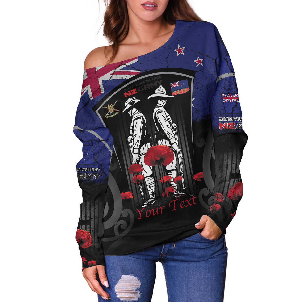 New Zealand Off Shoulder Sweatshirt Custom New Zealand Anzac Day With Poppy Flowers And Traditional Maori Patterns