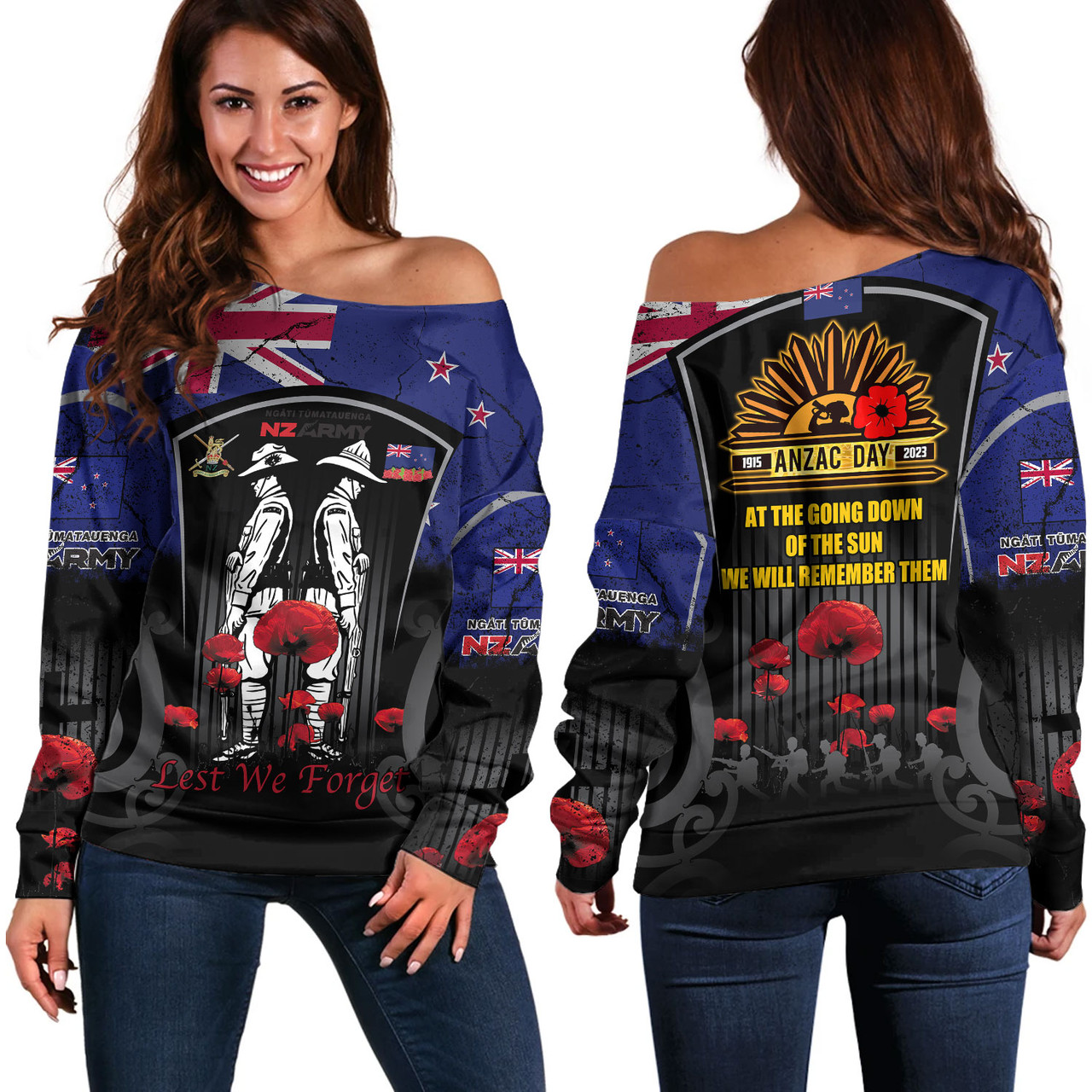 New Zealand Off Shoulder Sweatshirt Custom New Zealand Anzac Day With Poppy Flowers And Traditional Maori Patterns