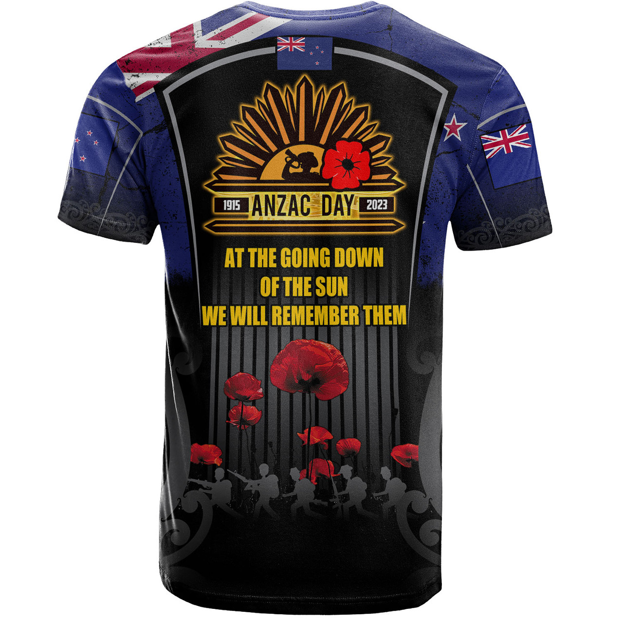 New Zealand T-Shirt Custom New Zealand Anzac Day With Poppy Flowers And Traditional Maori Patterns