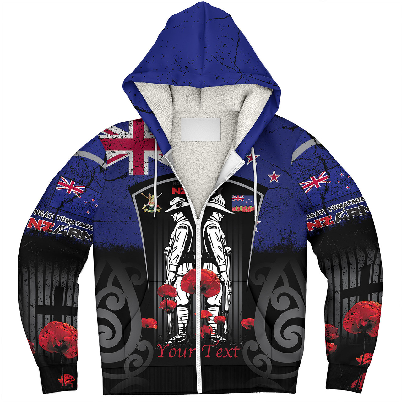 New Zealand Sherpa Hoodie Custom New Zealand Anzac Day With Poppy Flowers And Traditional Maori Patterns