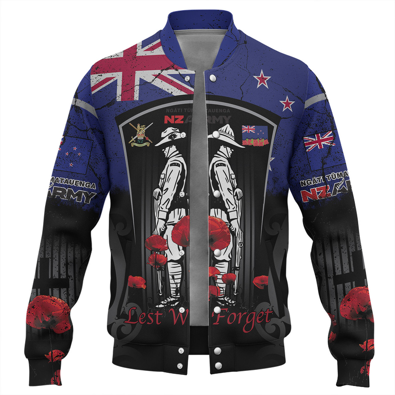 New Zealand Baseball Jacket Custom New Zealand Anzac Day With Poppy Flowers And Traditional Maori Patterns