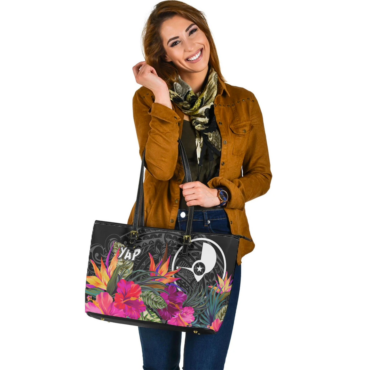 Yap Custom Personalised Leather Tote Polynesian Hibiscus Pattern