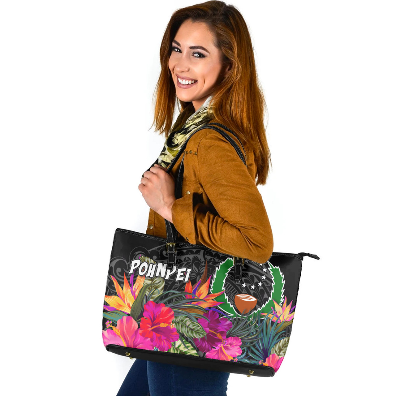 Pohnpei Custom Personalised Leather Tote Polynesian Hibiscus Pattern