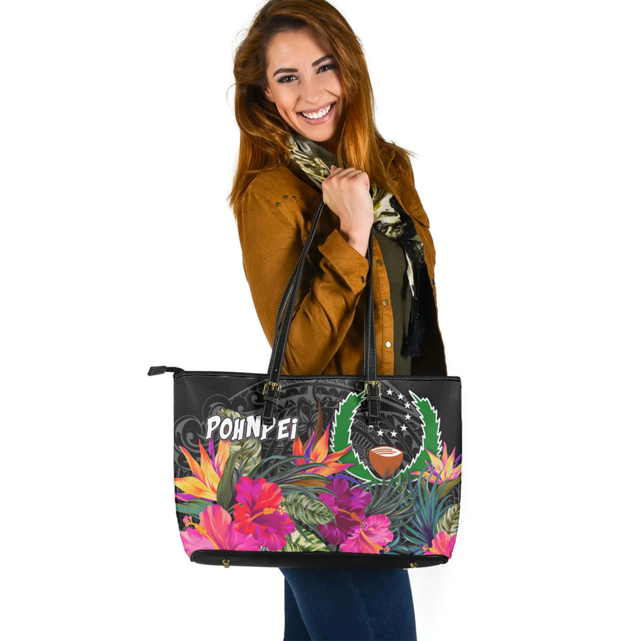 Pohnpei Custom Personalised Leather Tote Polynesian Hibiscus Pattern 2