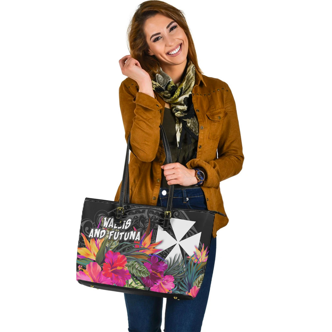 Wallis and Futuna Custom Personalised Leather Tote Polynesian Hibiscus Pattern