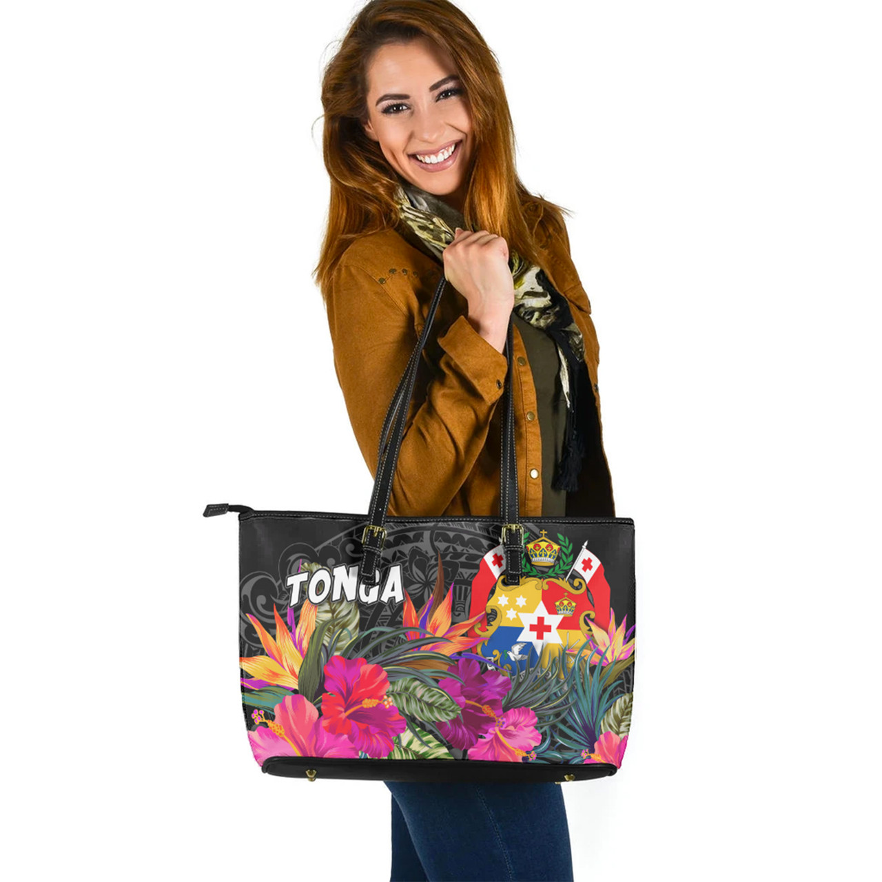 Tonga Custom Personalised Leather Tote Polynesian Hibiscus Pattern