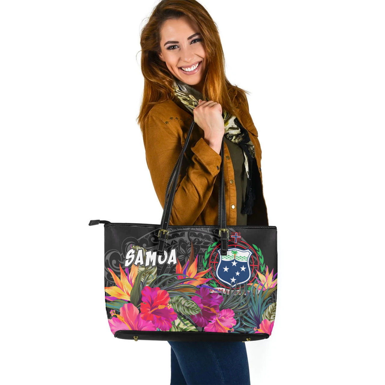 Samoa Custom Personalised Leather Tote Polynesian Hibiscus Pattern