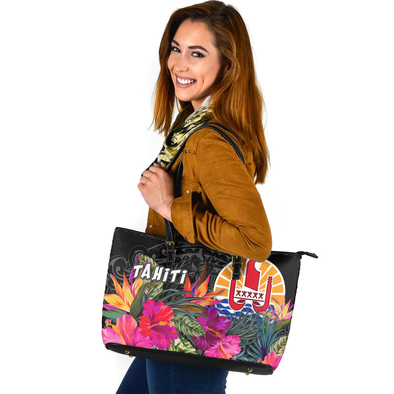 Tahiti Custom Personalised Leather Tote Polynesian Hibiscus Pattern