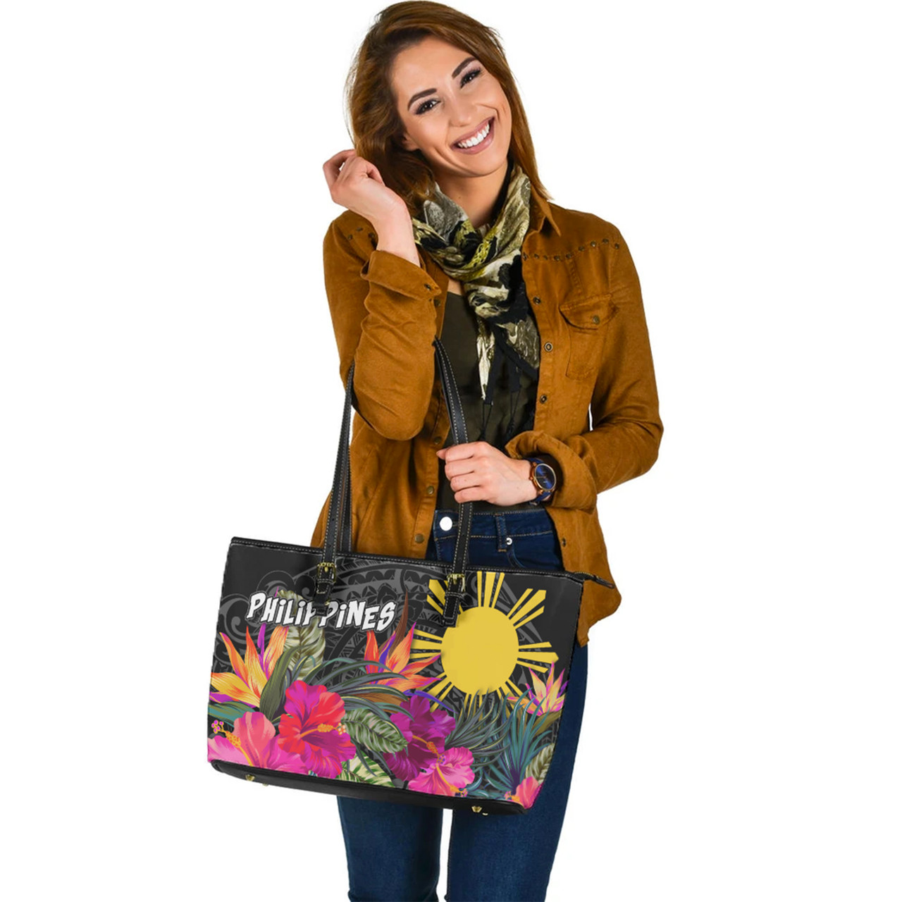 Philippines Custom Personalised Leather Tote Polynesian Hibiscus Pattern