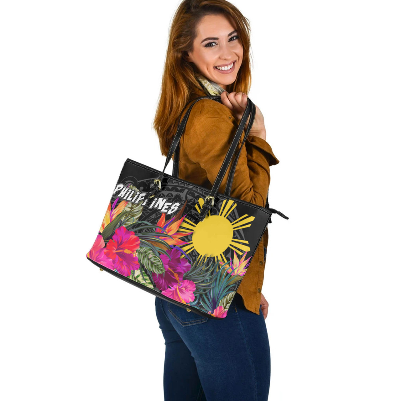 Philippines Custom Personalised Leather Tote Polynesian Hibiscus Pattern