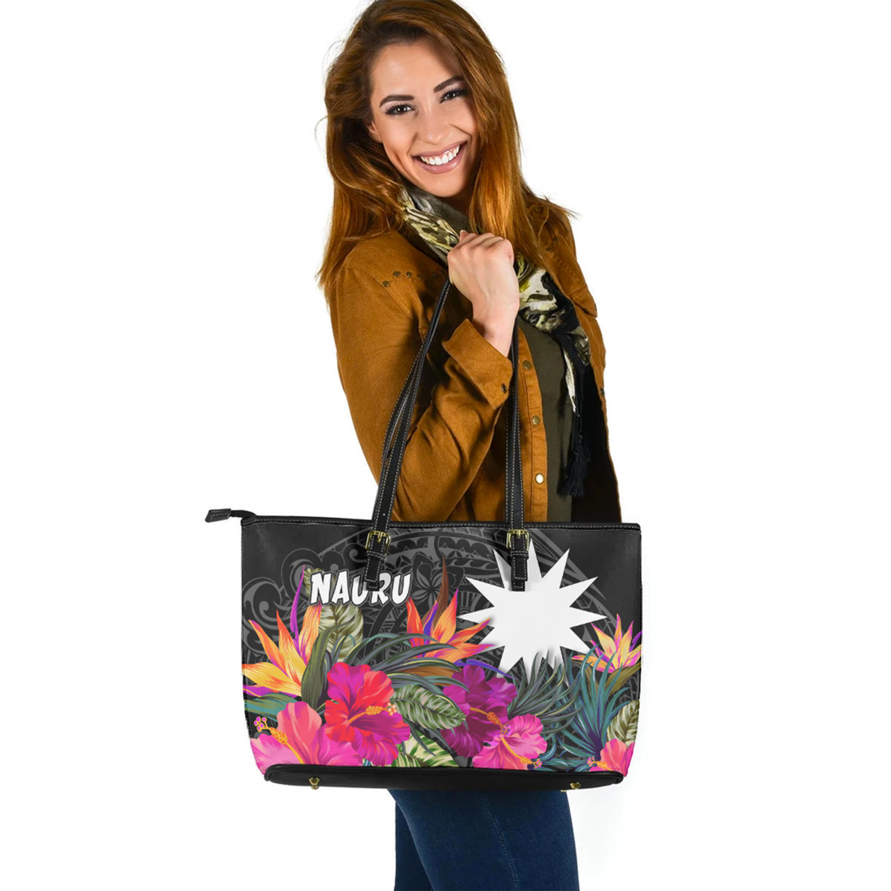 Nauru Custom Personalised Leather Tote Polynesian Hibiscus Pattern