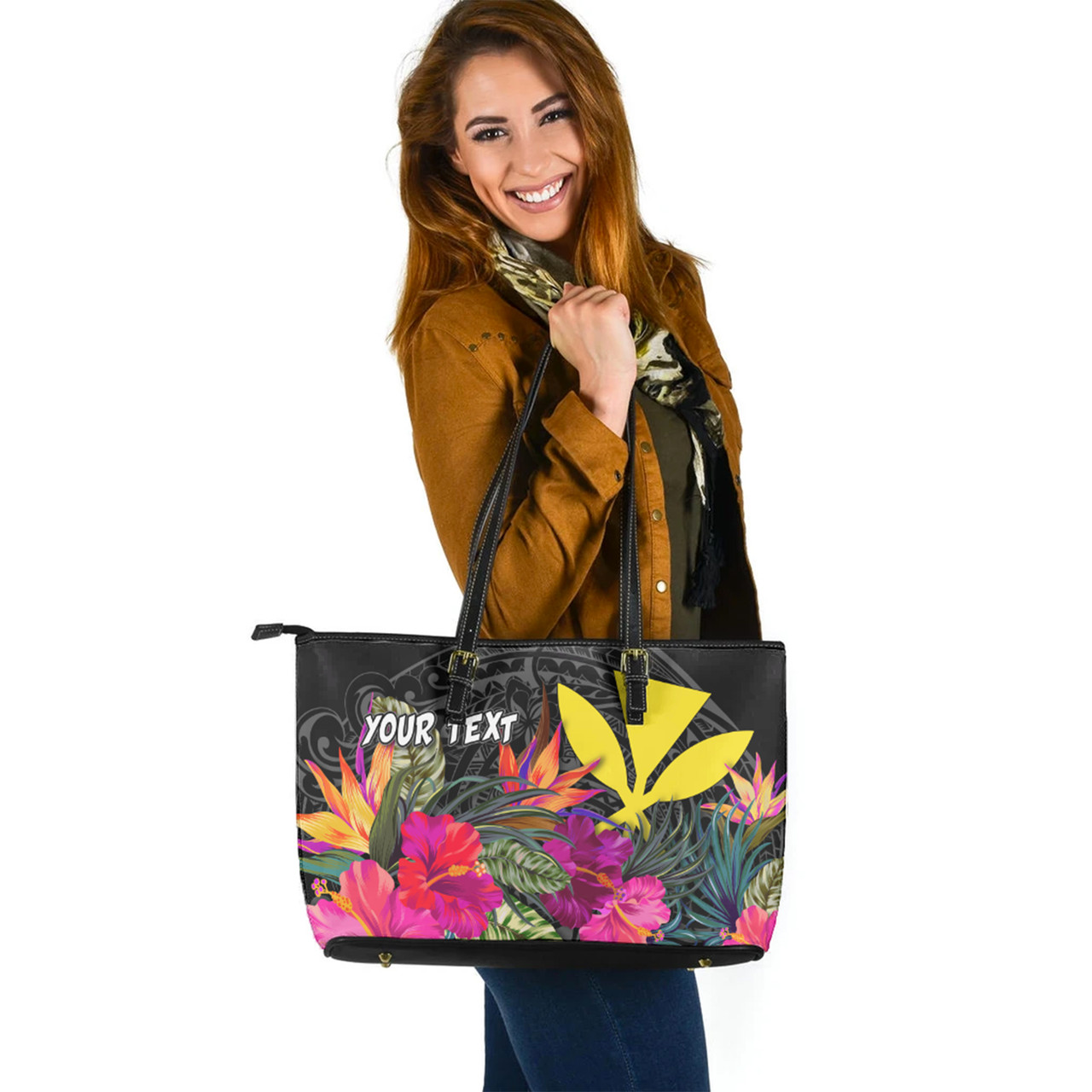 Hawaii Custom Personalised Leather Tote Polynesian Hibiscus Pattern