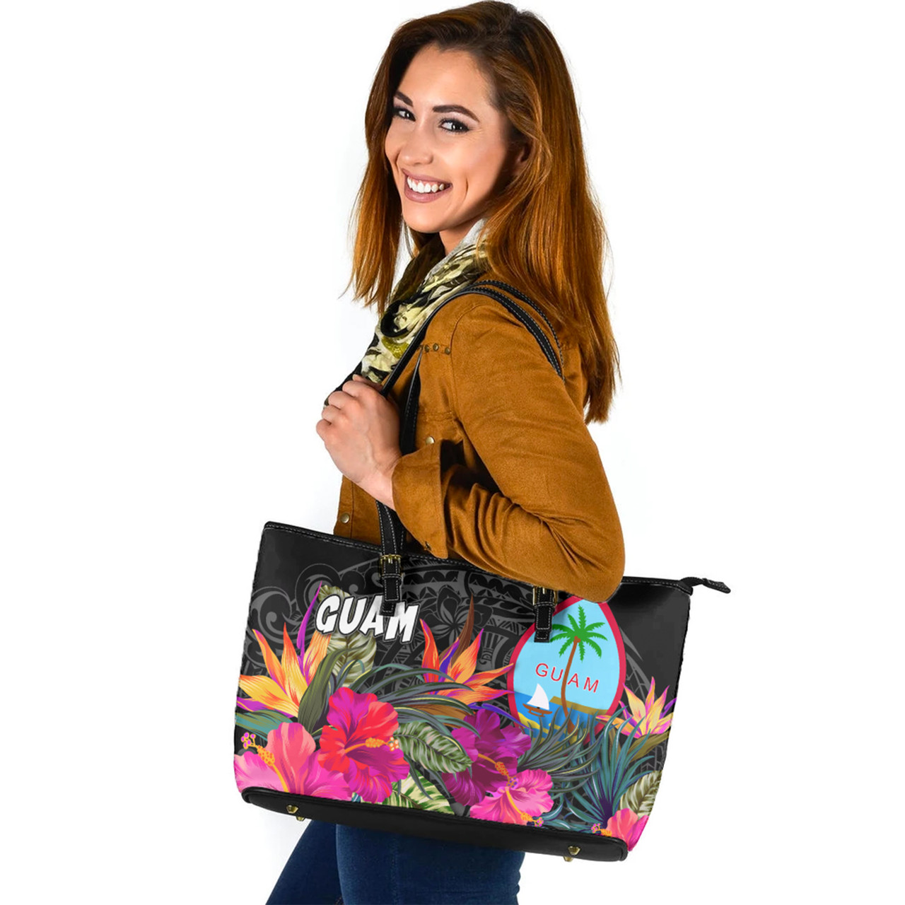 Guam Custom Personalised Leather Tote Polynesian Hibiscus Pattern