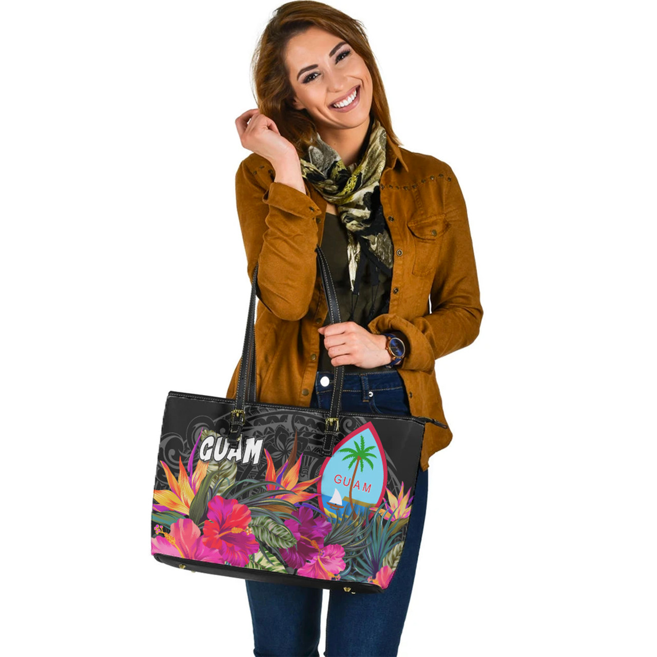 Guam Custom Personalised Leather Tote Polynesian Hibiscus Pattern