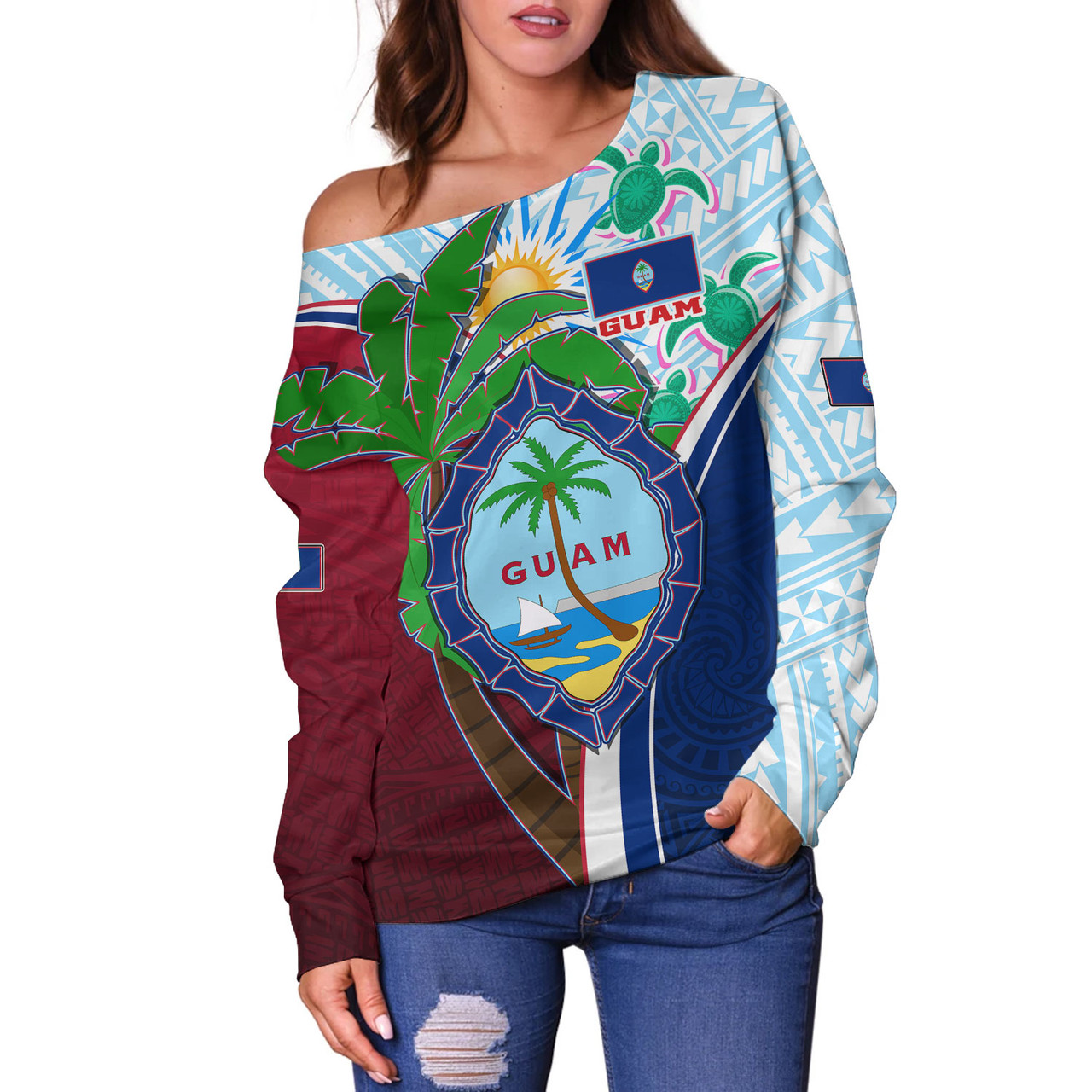 Guam Off Shoulder Sweatshirt Custom Guam Chamorro Coconut Tree of Life Polynesian Tribal Pride