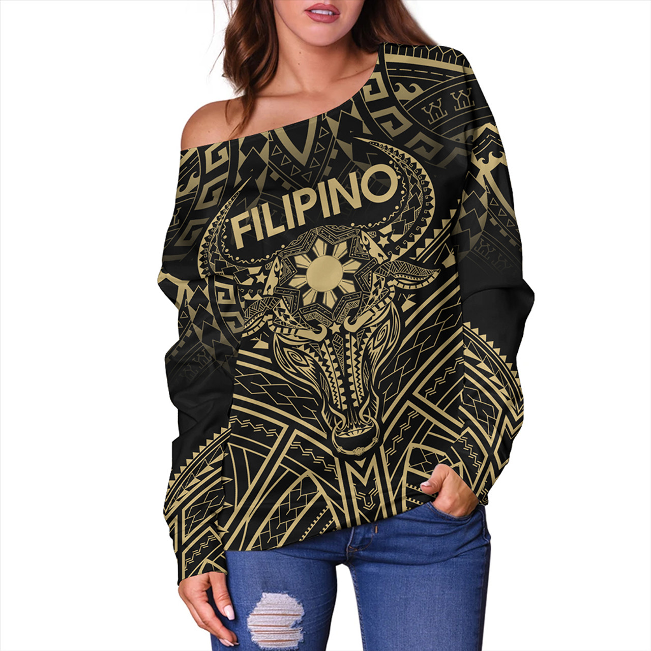 Philippines Filipinos Off Shoulder Sweatshirt Tribal Koner Water Buffalo Tattoo Gold