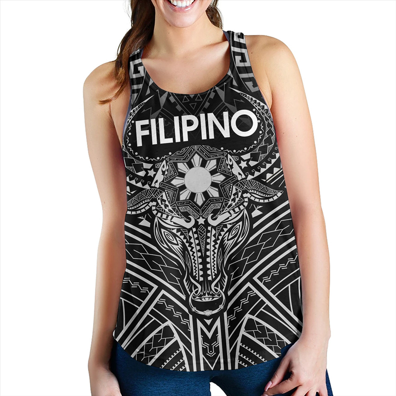 Philippines Filipinos Women Tank Tribal Koner Water Buffalo Tattoo White