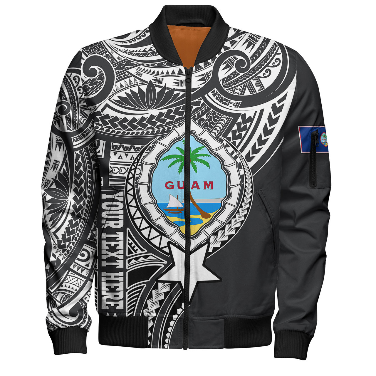 Guam Bomber Jacket Custom Guam Coat Of Arms Polynesian Half Body Tattoo Black Style