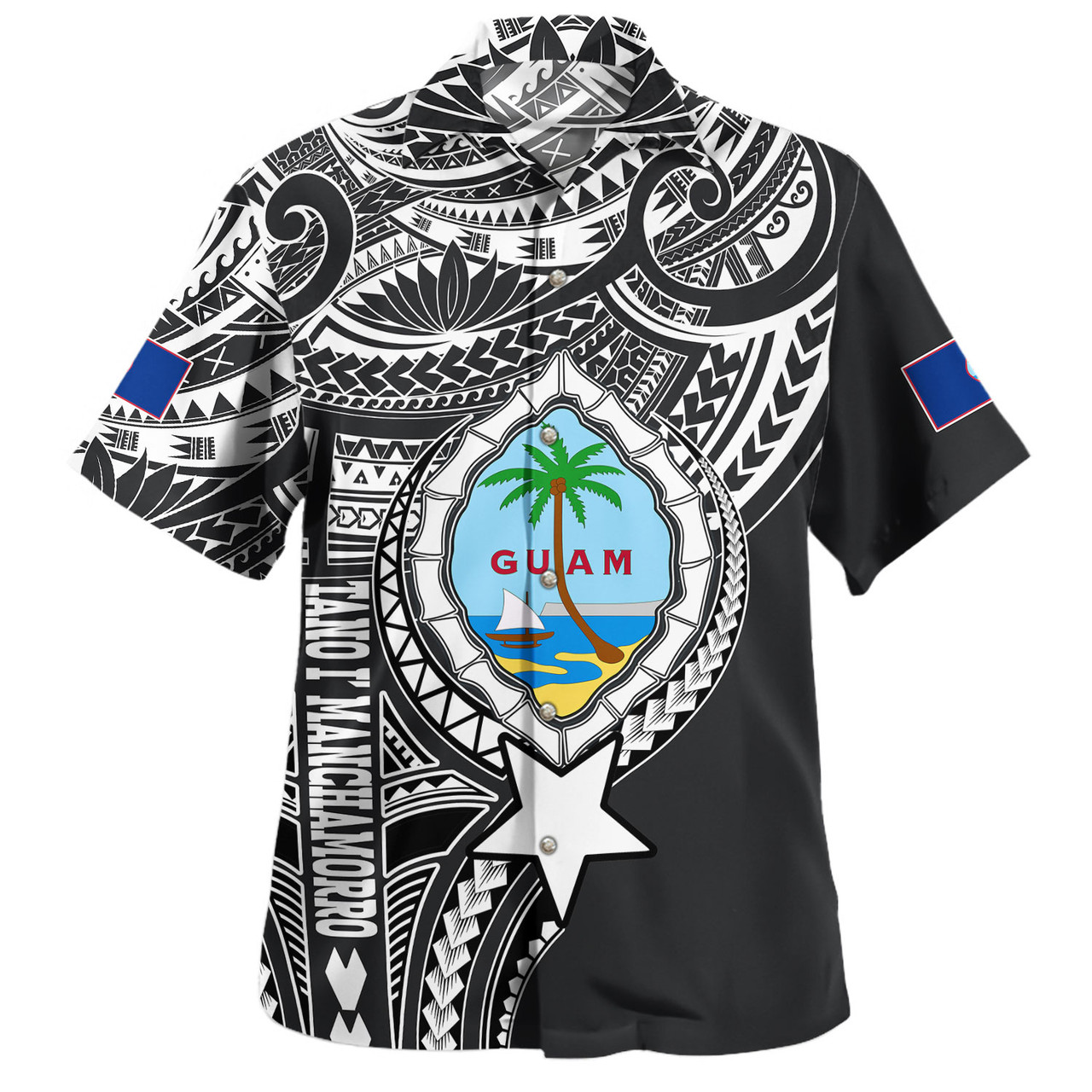 Guam Hawaiian Shirt Custom Guam Coat Of Arms Polynesian Half Body Tattoo Black Style