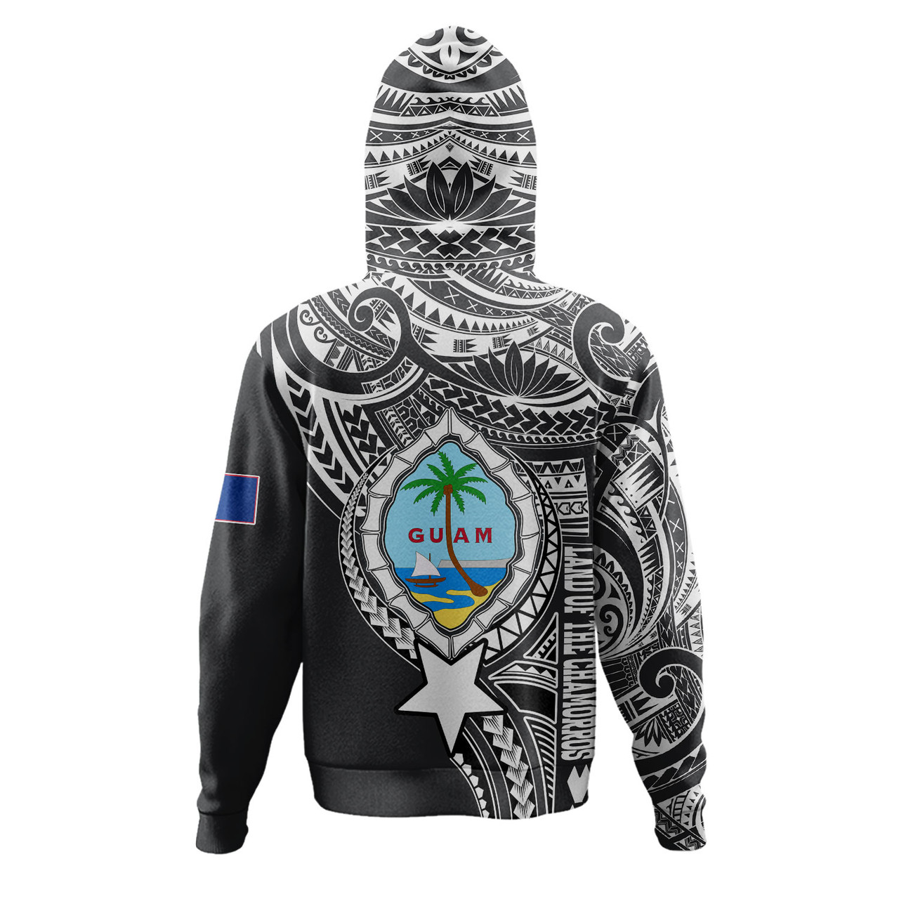 Guam Hoodie Custom Guam Coat Of Arms Polynesian Half Body Tattoo Black Style