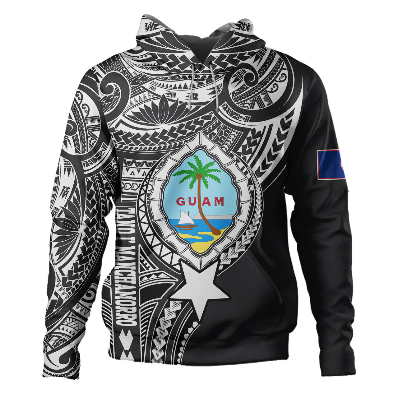 Guam Hoodie Custom Guam Coat Of Arms Polynesian Half Body Tattoo Black Style