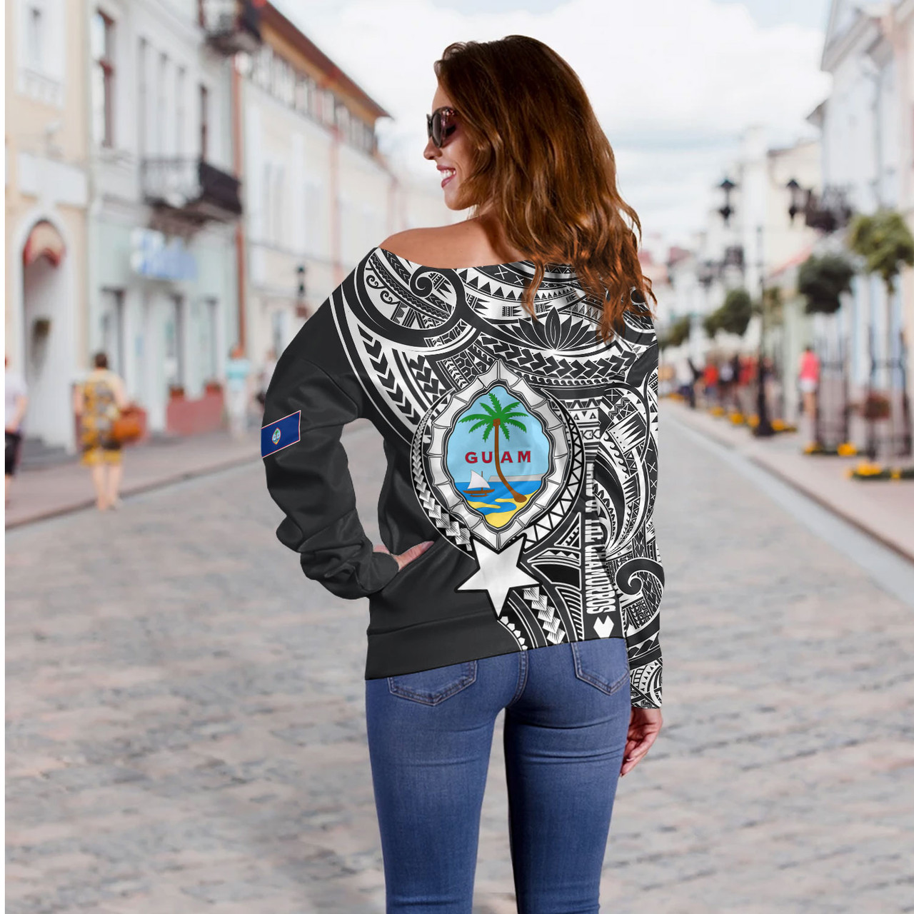 Guam Off Shoulder Sweatshirt Custom Guam Coat Of Arms Polynesian Half Body Tattoo Black Style