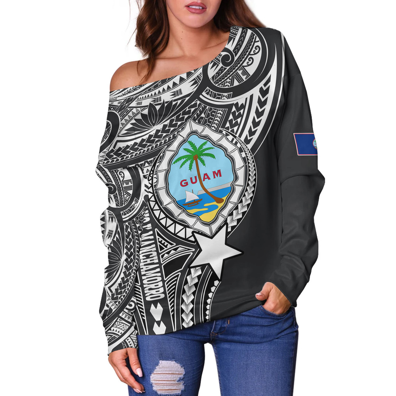 Guam Off Shoulder Sweatshirt Custom Guam Coat Of Arms Polynesian Half Body Tattoo Black Style