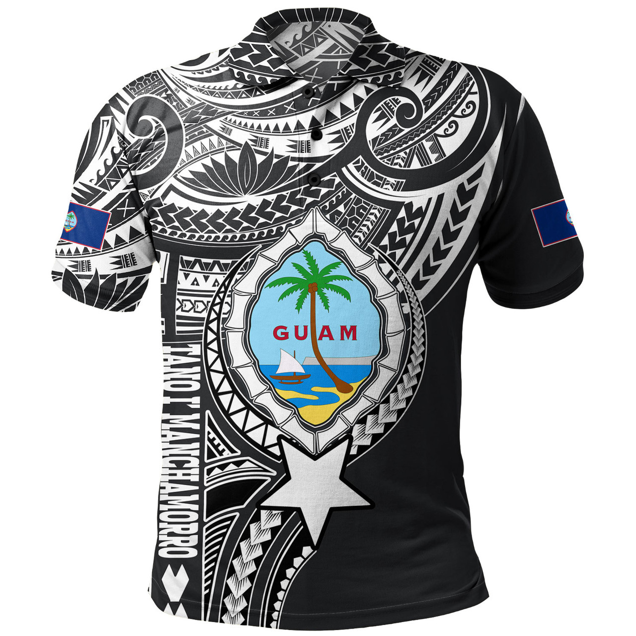 Guam Polo Shirt Custom Guam Coat Of Arms Polynesian Half Body Tattoo Black Style