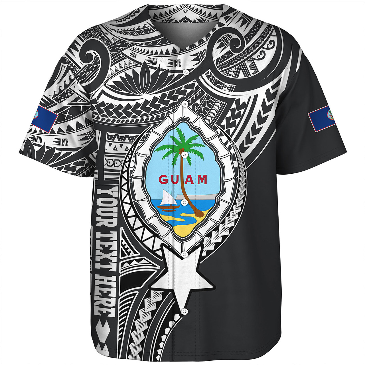 Guam Baseball Shirt Custom Guam Coat Of Arms Polynesian Half Body Tattoo Black Style