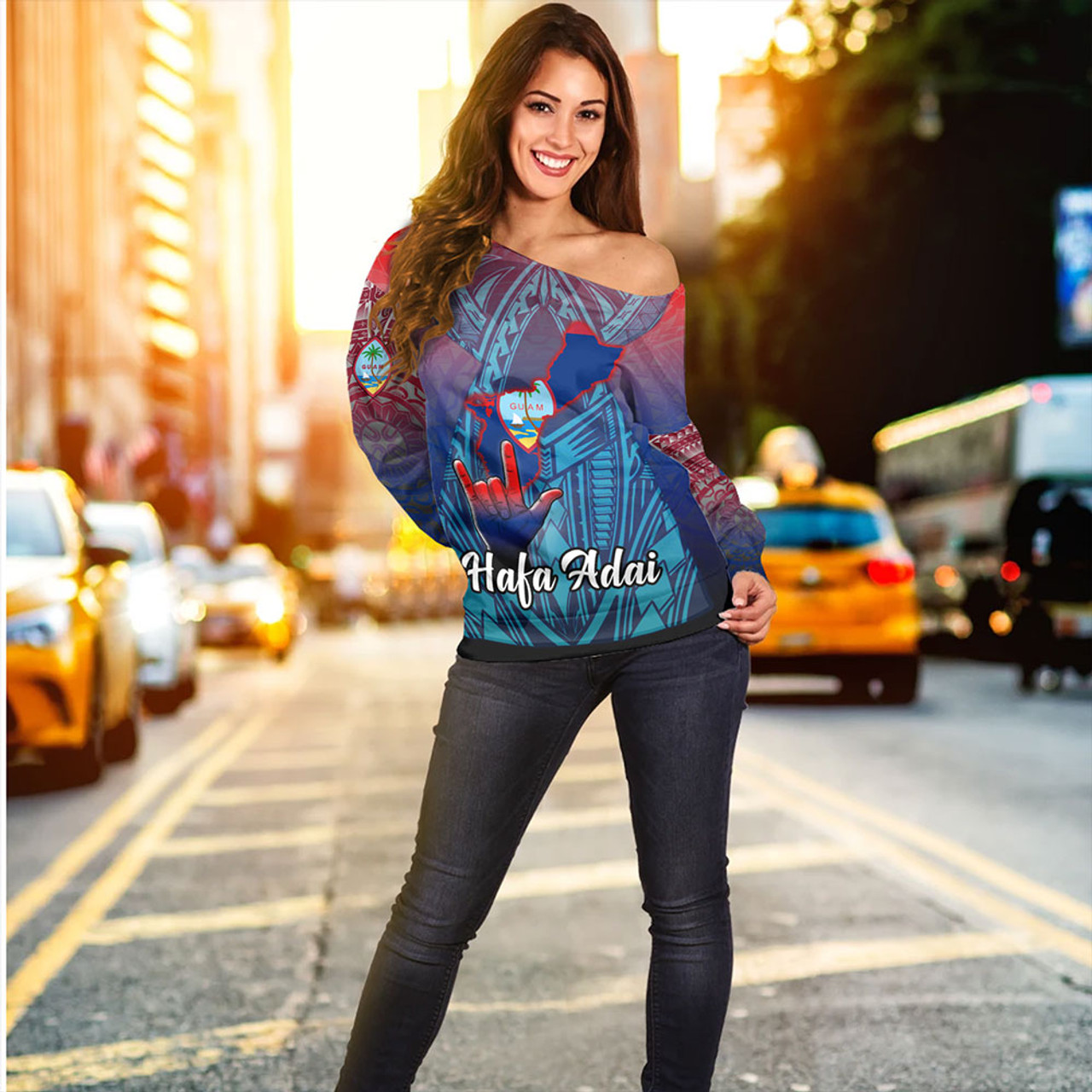 Guam Off Shoulder Sweatshirt Hafa Adai From Guam Style