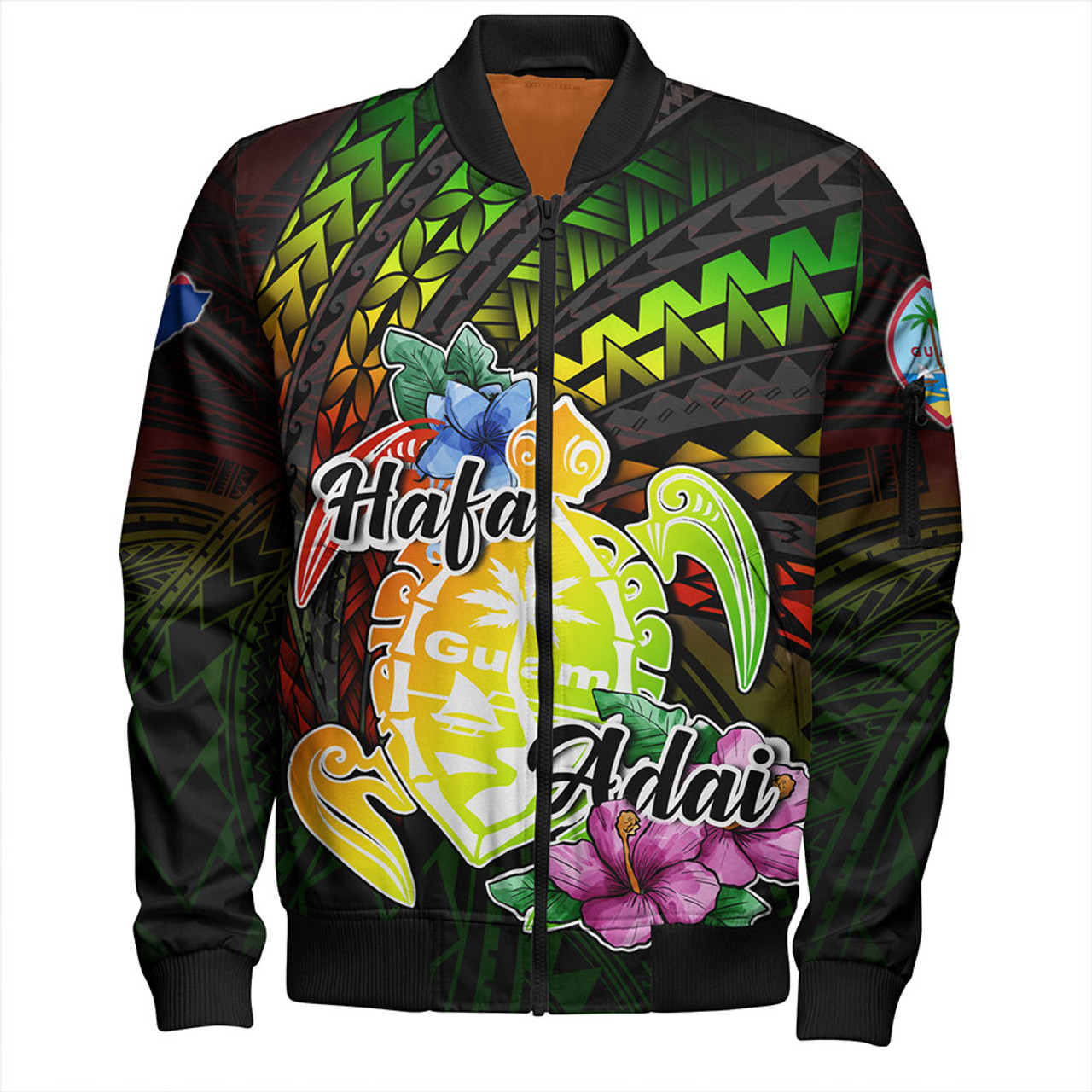 Guam Bomber Jacket Hafa Adai Guam Seal Tropical Flowers