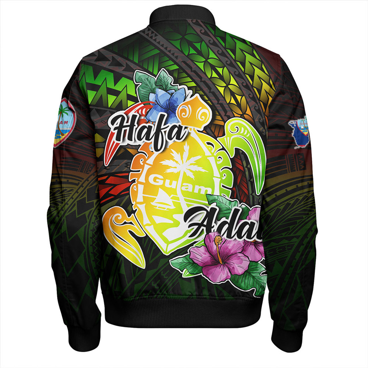 Guam Bomber Jacket Hafa Adai Guam Seal Tropical Flowers