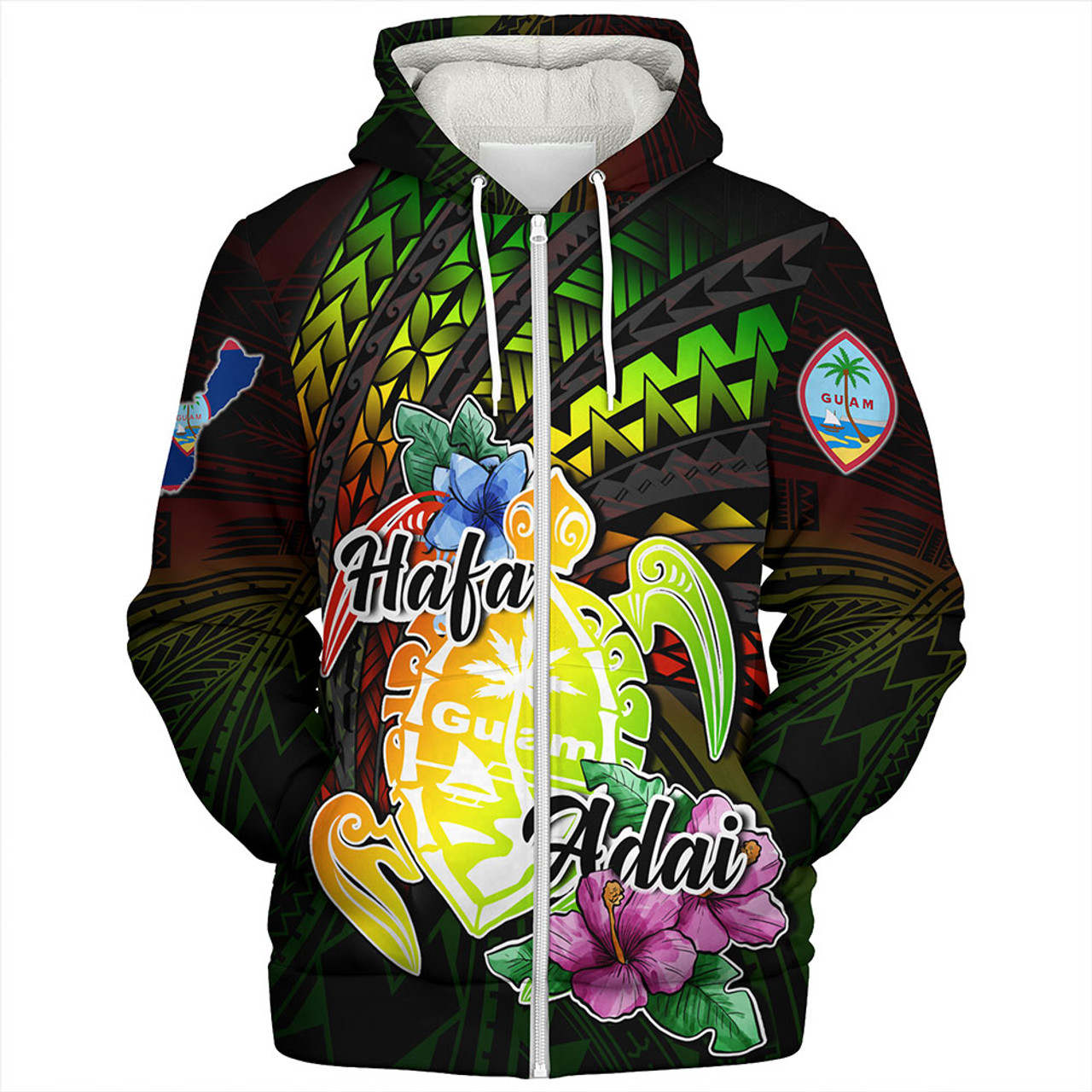 Guam Sherpa Hoodie Hafa Adai Guam Seal Tropical Flowers