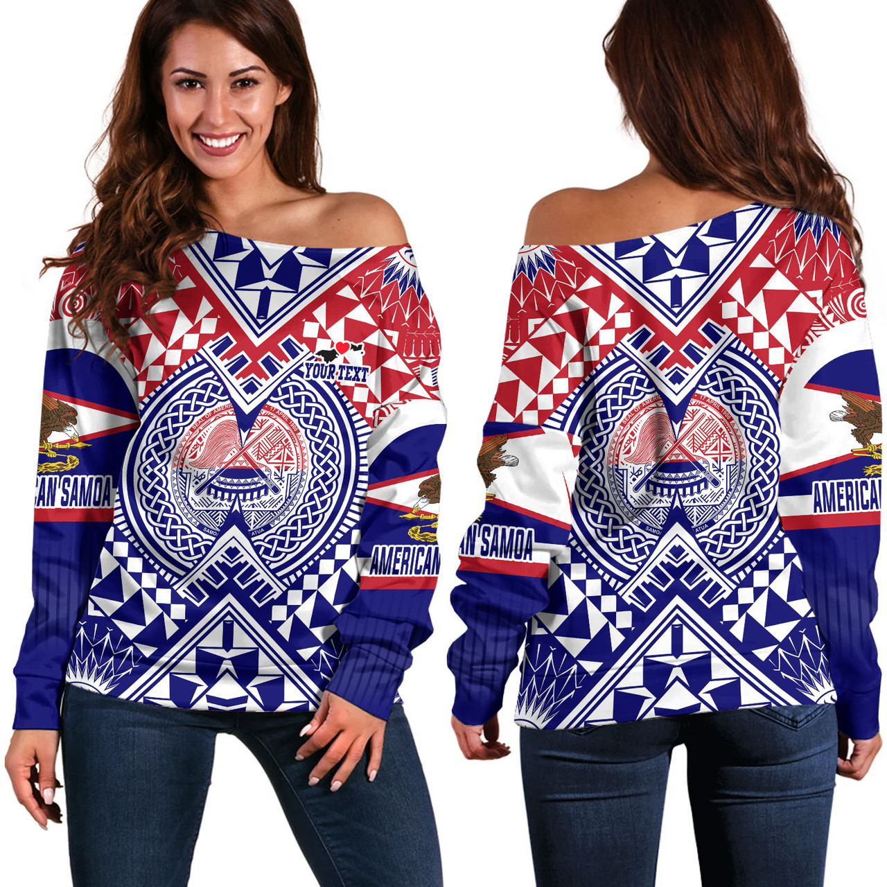 American Samoa Off Shoulder Sweatshirt Custom AS Coat Of Arms Polynesian Art Tattoo Sleeve