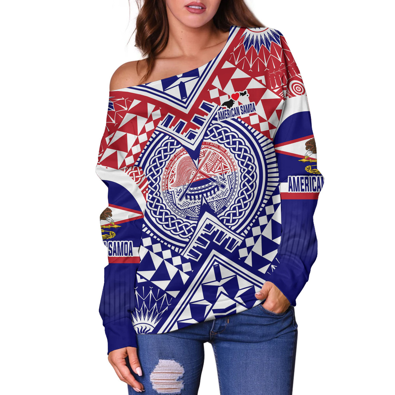 American Samoa Off Shoulder Sweatshirt Custom AS Coat Of Arms Polynesian Art Tattoo Sleeve