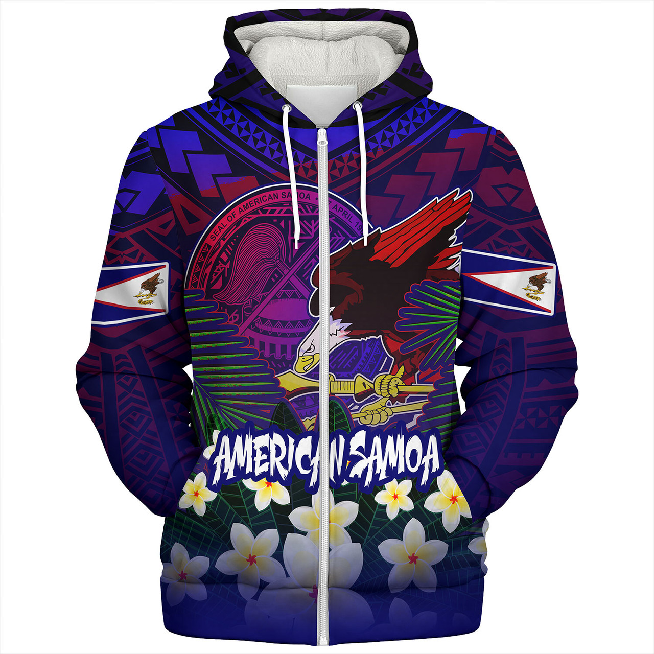 American Samoa Sherpa Hoodie Custom AS Seal With Bald Eagle Polynesian Plumeria Summer Vibes