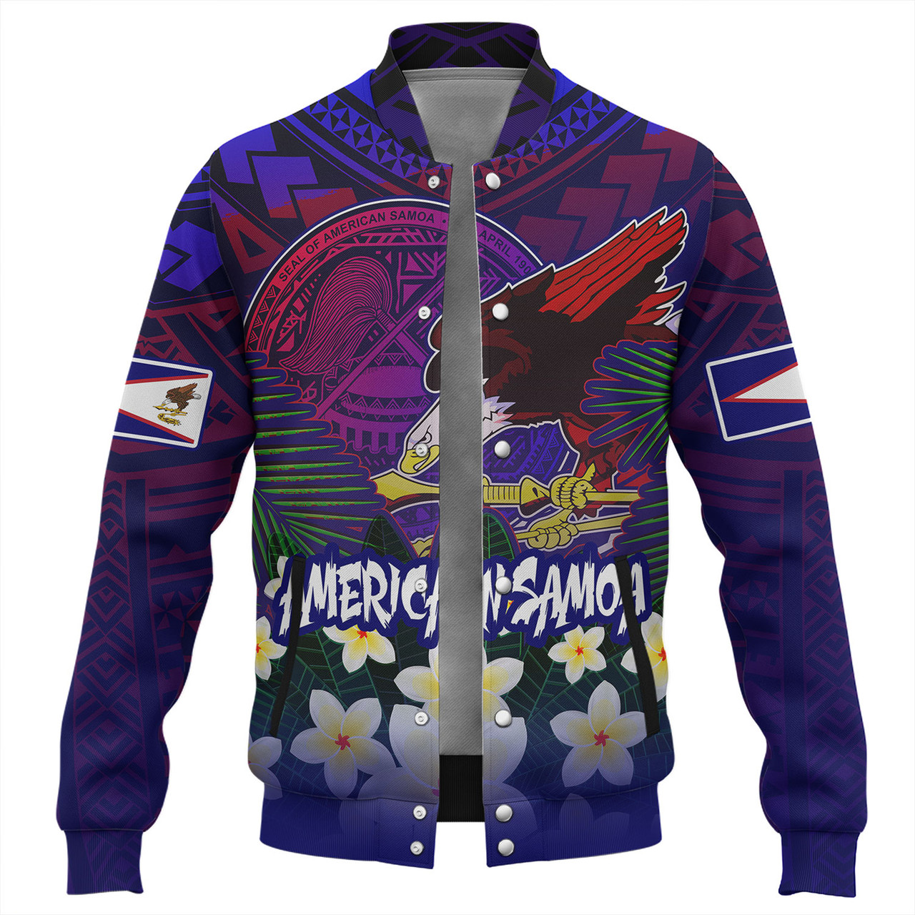 American Samoa Baseball Jacket Custom AS Seal With Bald Eagle Polynesian Plumeria Summer VibesAmerican Samoa Baseball Jacket Custom AS Seal With Bald Eagle Polynesian Plumeria Summer Vibes