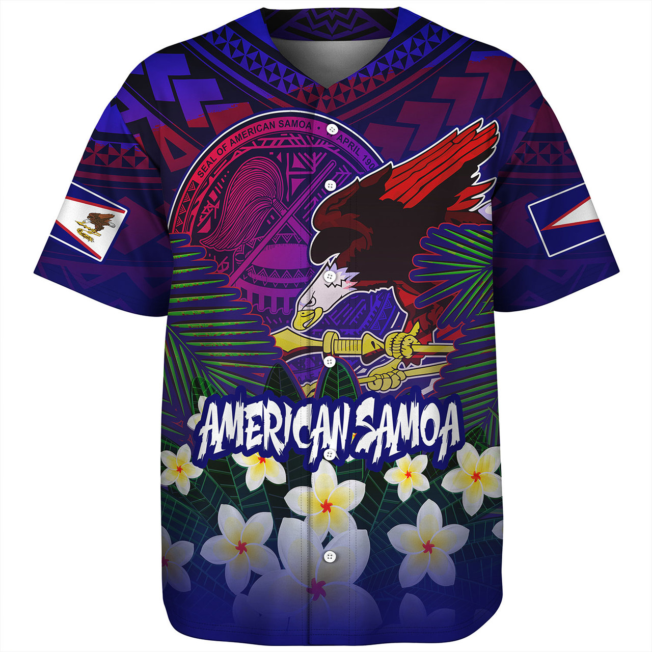 American Samoa Baseball Shirt Custom AS Seal With Bald Eagle Polynesian Plumeria Summer Vibes