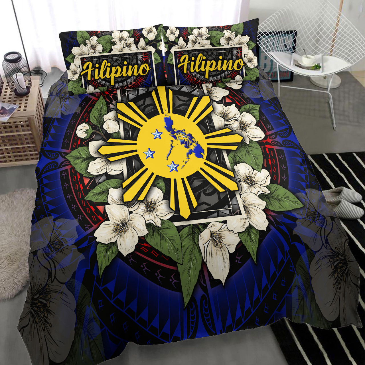 Philippines Filipino Bedding Set Sun And Map Jasmine Flowers Vintage Style