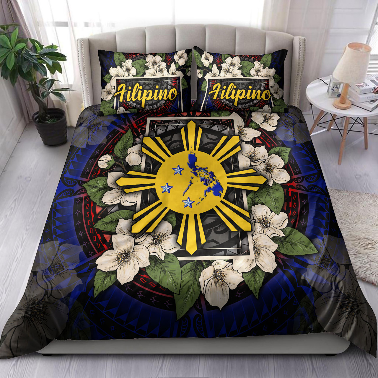 Philippines Filipino Bedding Set Sun And Map Jasmine Flowers Vintage Style