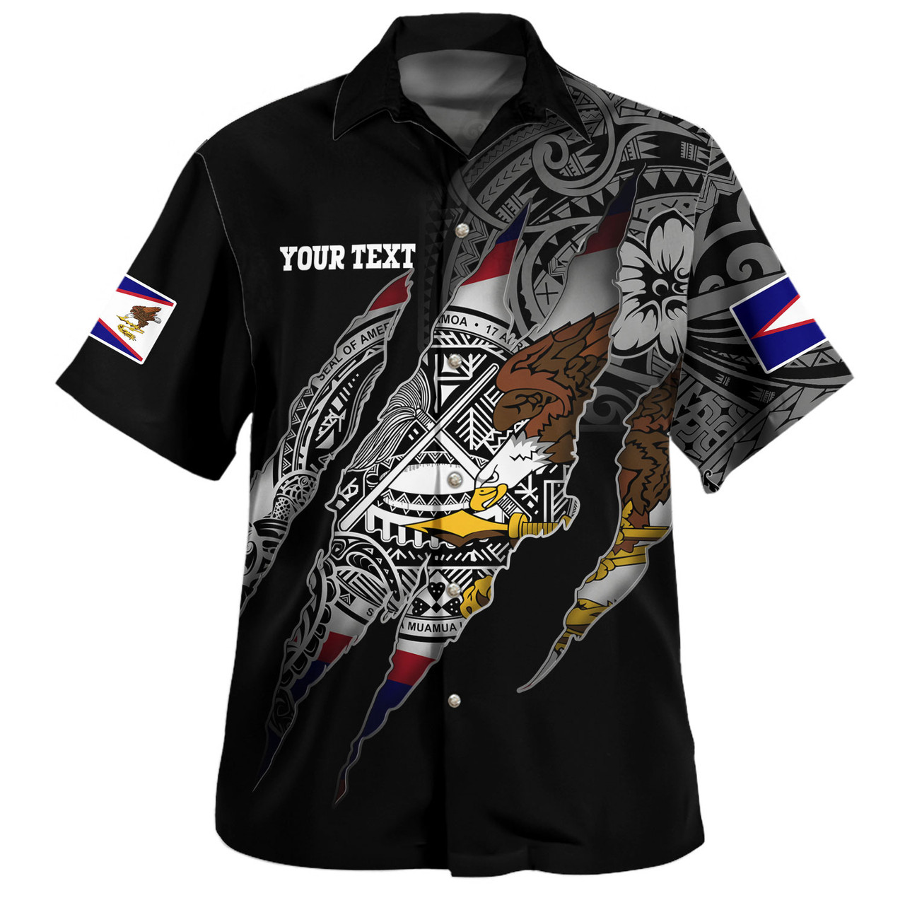 American Samoa Hawaiian Shirt Custom AS Pride Polynesian Sleeve Tattoo Scratch Style Black