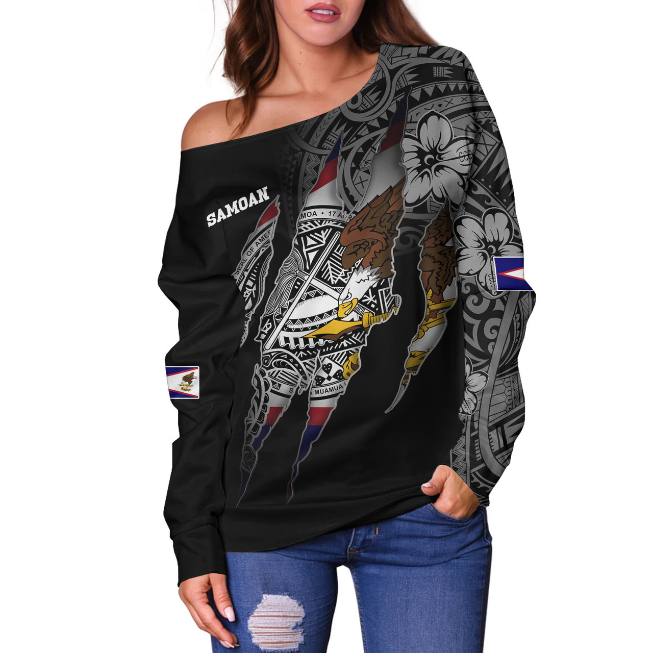 American Samoa Off Shoulder Sweatshirt Custom AS Pride Polynesian Sleeve Tattoo Scratch Style Black