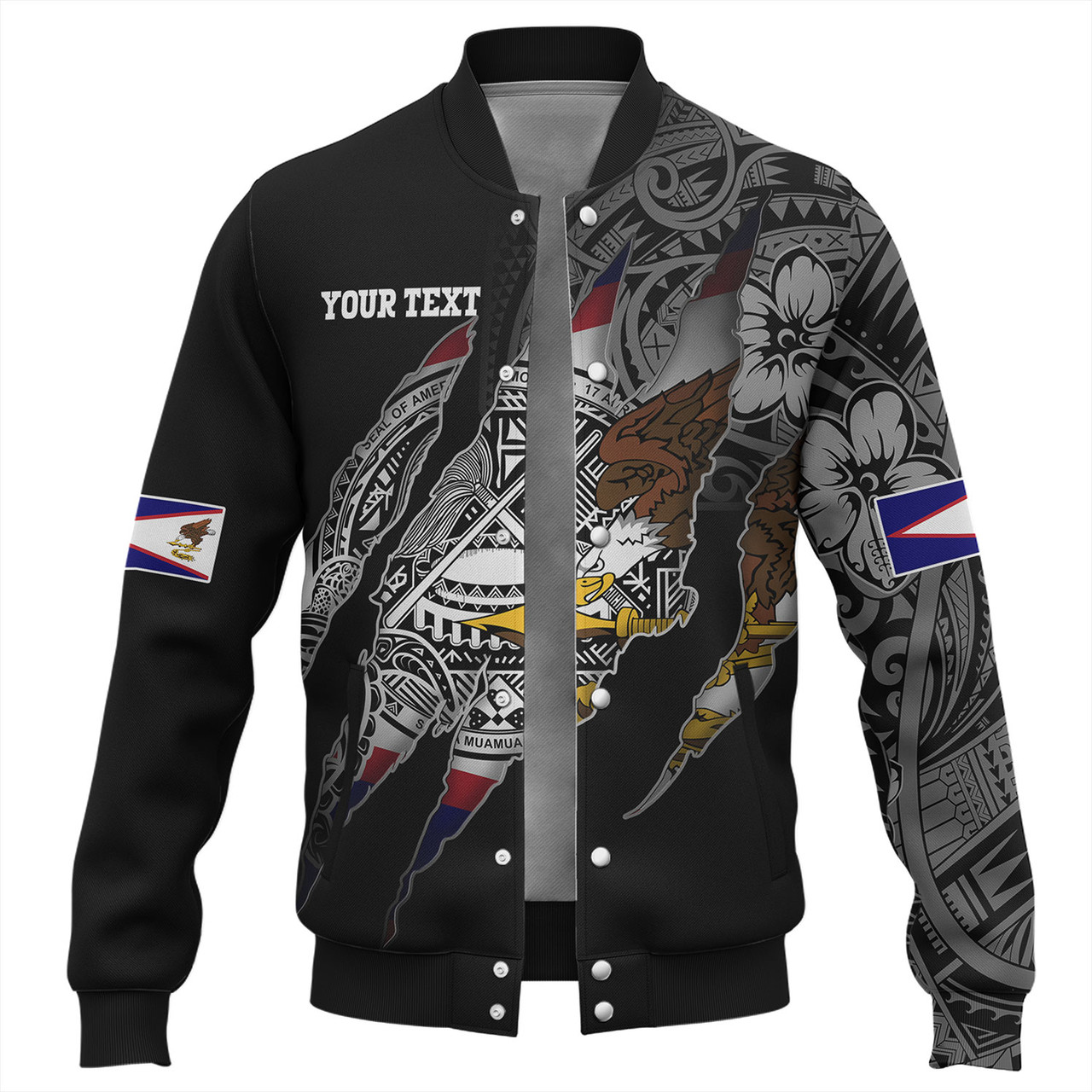 American Samoa Baseball Jacket Custom AS Pride Polynesian Sleeve Tattoo Scratch Style Black