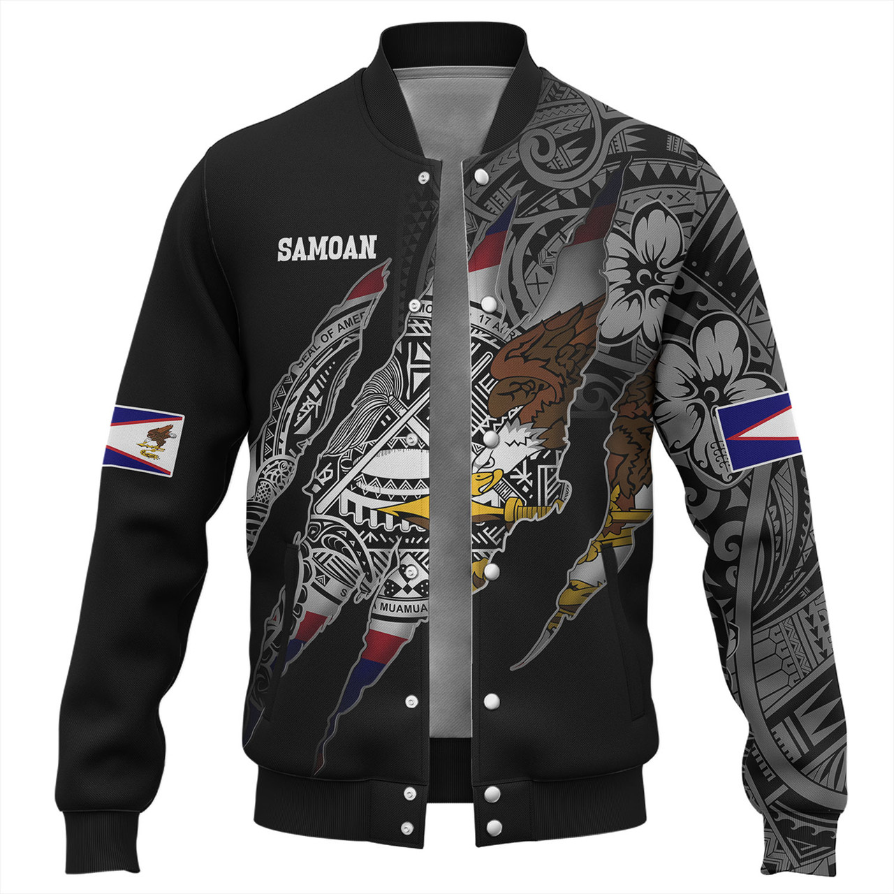 American Samoa Baseball Jacket Custom AS Pride Polynesian Sleeve Tattoo Scratch Style Black