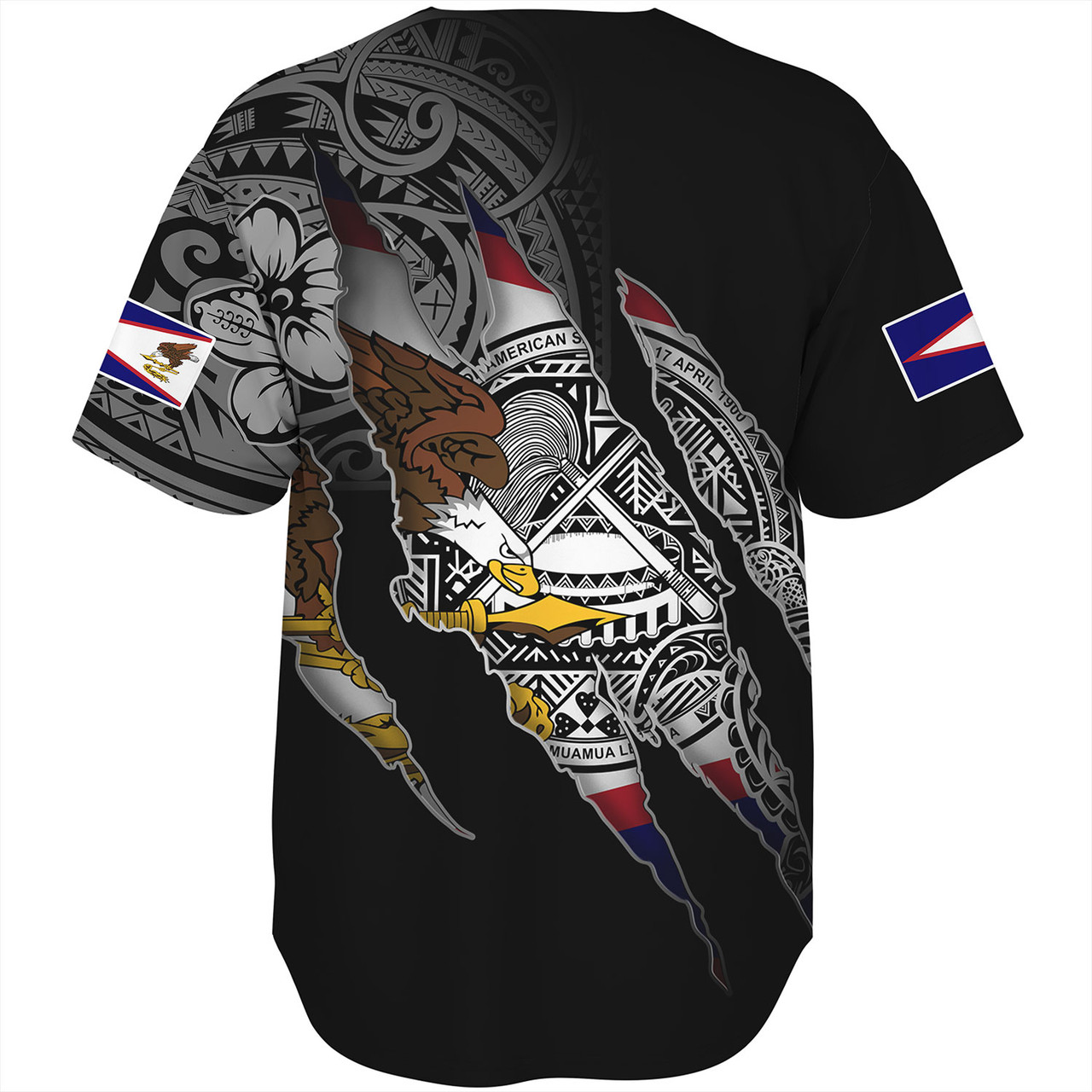 American Samoa Baseball Shirt Custom AS Pride Polynesian Sleeve Tattoo Scratch Style Black
