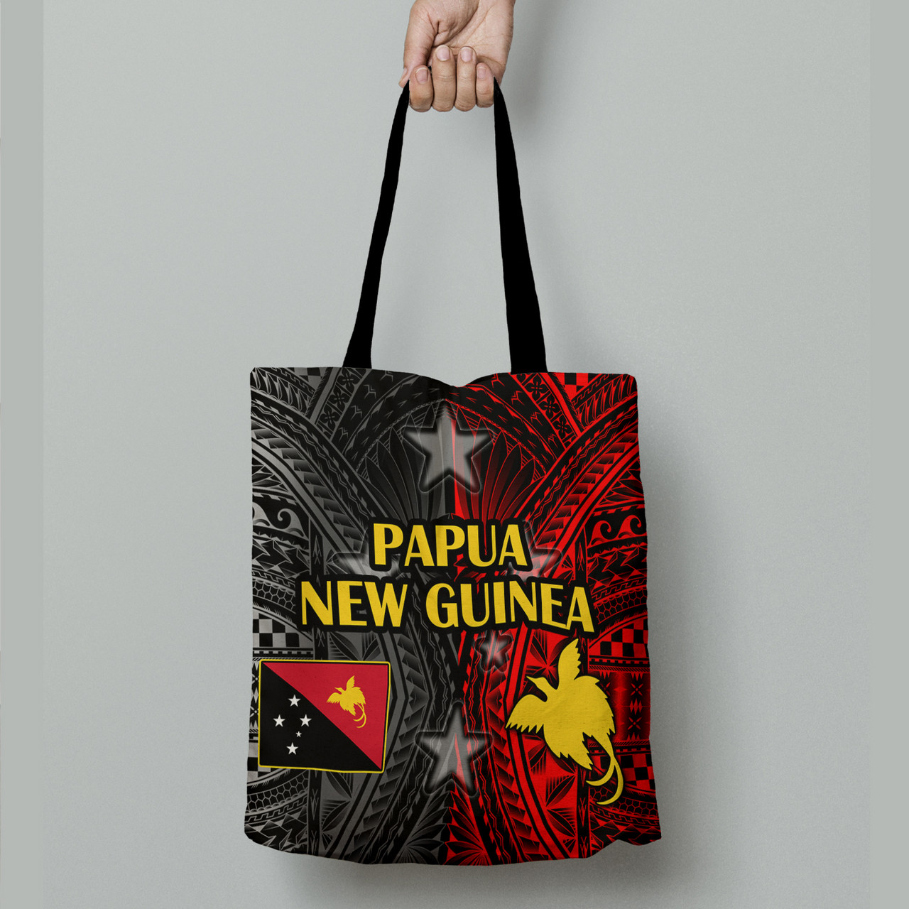 Papua New Guinea Seal With Flag Polynesian Pattern Tote Bags